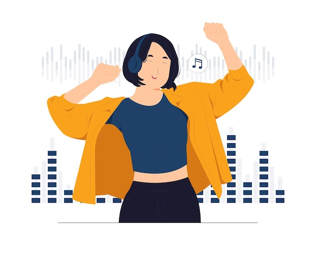 Ragazza che balla mentre si ascolta la musica in cuffia scegliendo il podcast della lista di riproduzione della canzone della colonna sonora sull'illustrazione del concetto del telefono