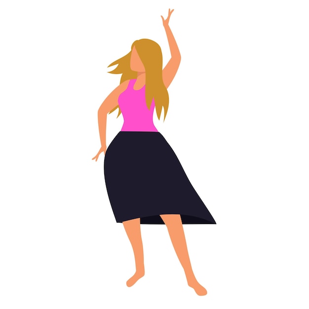 ブロンドの髪をスカートに、靴を脱いで踊っている女の子。ベクトル イラスト。