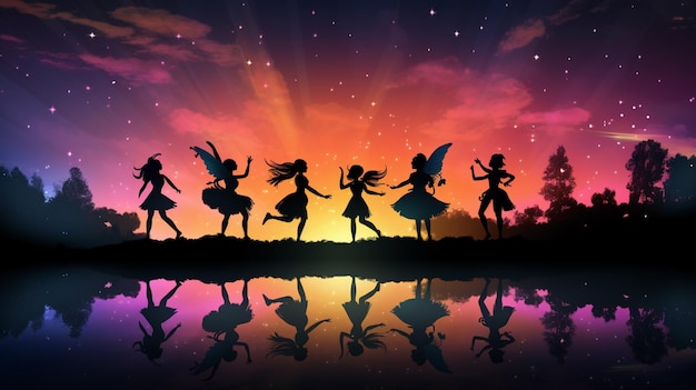 ベクトル 夕暮れの背景で踊っている女の子と彼らの後ろの太陽