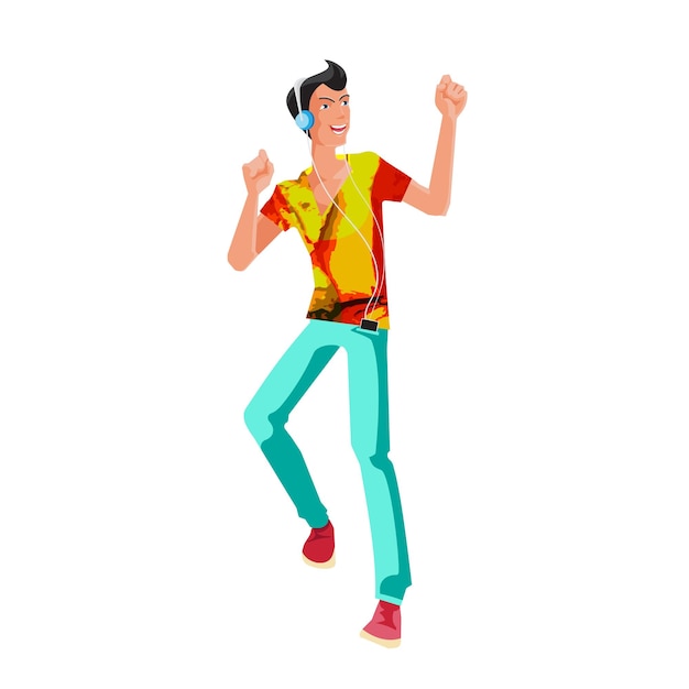 Vector dancing guy with headphones in his ears and good mood