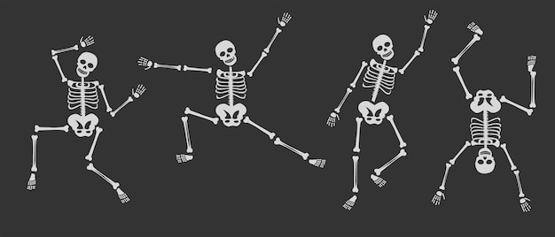 Vettore set di vettori di scheletri umani danzanti diverse pose dello scheletro sono isolate su un vettore di sfondo scuro