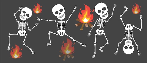 Dancing human skeletons vector set different skeleton poses set isolated on dark background vector