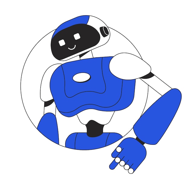 Dancing humanoid robot with smile linear flat color vector character avatar