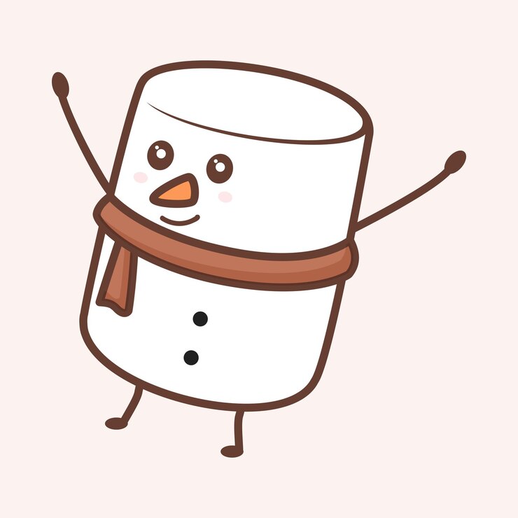 Vector dancing marshmallow mascot and wearing scarf on cosmic latte background