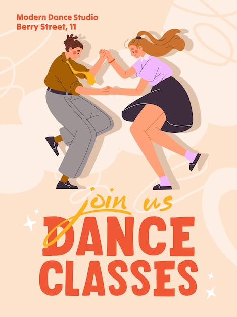 dancing master class event poster design promotion template of music performance from young artists advertising of lindy hop twist jazz lessons in school of dancers flat vector illustration