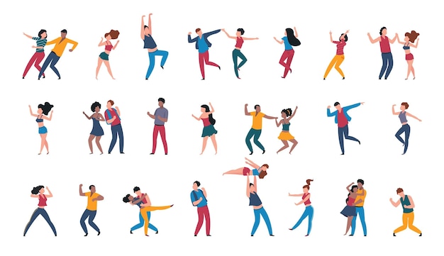 Dancing pairs people dance alone couples having fun at disco party dancers move to music in club or musical festival happy characters perform choreographic movements vector set