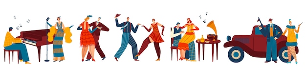 Danza persone in stile retrò, illustrazione festa di gangster