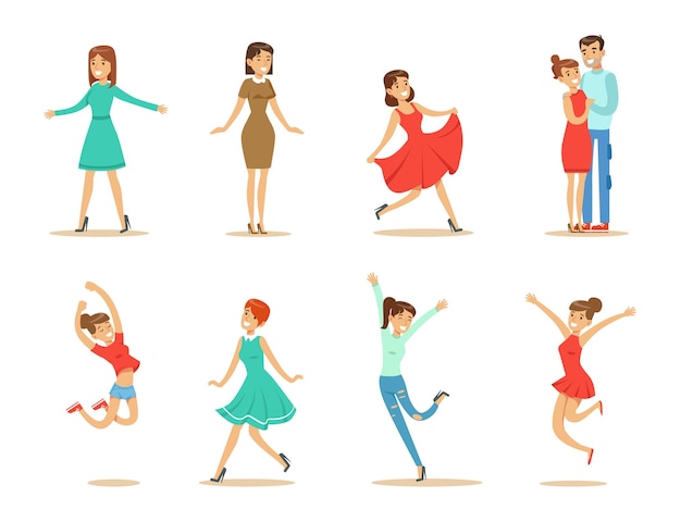 Танцующие люди устанавливают молодых женщин и пару танцующих векторных иллюстраций, изолированных на белом фоне