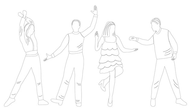 Танцующие люди рисуют контур изолированного вектора