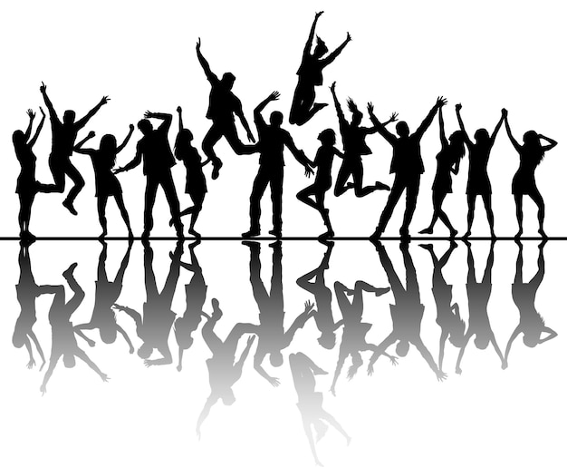 Vector dancing peoples silhouettes with reflection