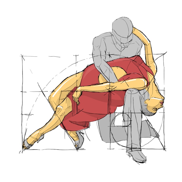 Vector dancing school. expression pose. sketched dancing couple. vector illustration.