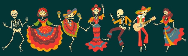 Dancing skeletons mexican festival characters Skeleton jump and flamenco dance day of dead or halloween spooky decorative nowaday vector symbols skeleton dance and skull illustration