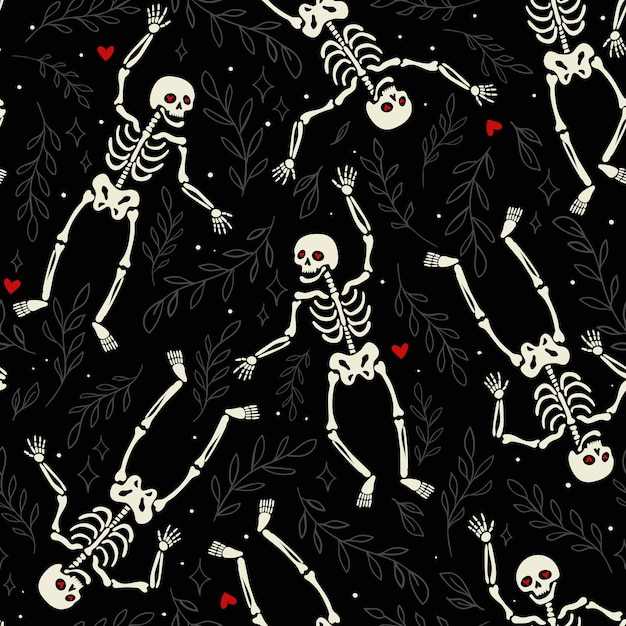 Vector dancing skeletons with red hearts seamless pattern