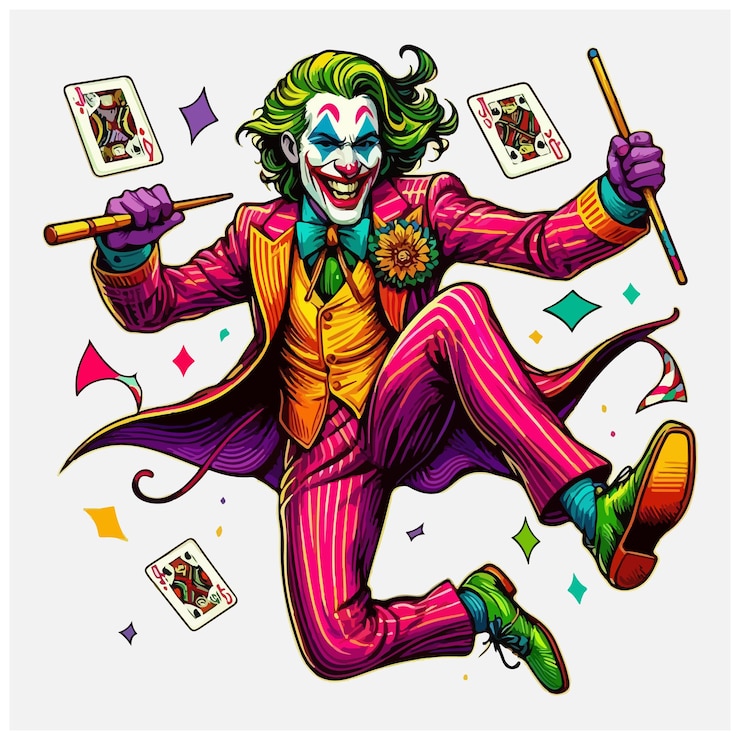Vector dancing and smiling joker in colorful suit holding playing cards and stick in hands isolated