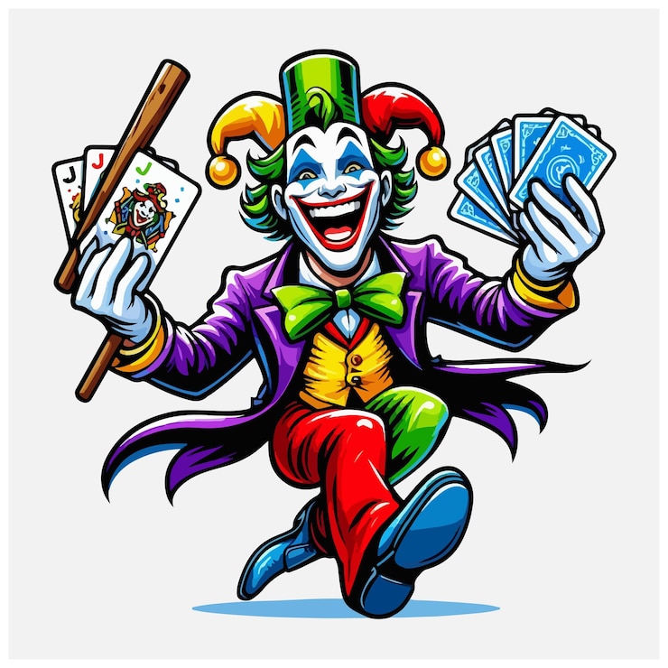 Vector dancing and smiling joker in colorful suit holding playing cards and stick in hands isolated