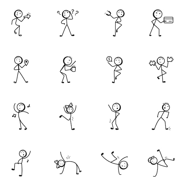 Vector dancing stick figure hand drawn icons