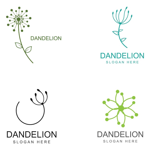 Логотип цветка одуванчика и шаблон векторной иллюстрации дизайна символов