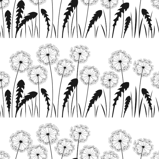 Dandelion silhouette seamless pattern flowers dandelions blossom engraved plants repeat wallpaper