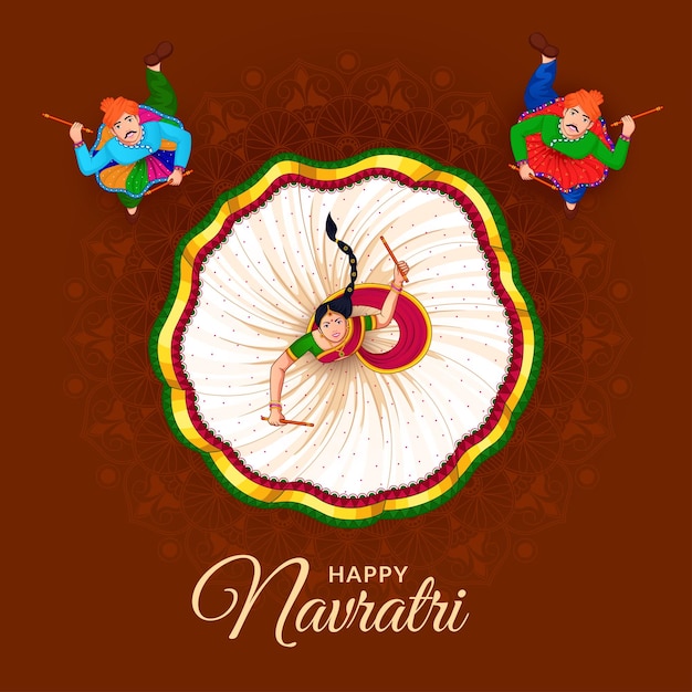 Dandiya Night, Navratri에서 춤추는 커플, 행복한 Durga Puja와 Navratri