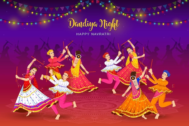 Vettore dandiya night dancing coppie a navratri happy durga puja e navratri