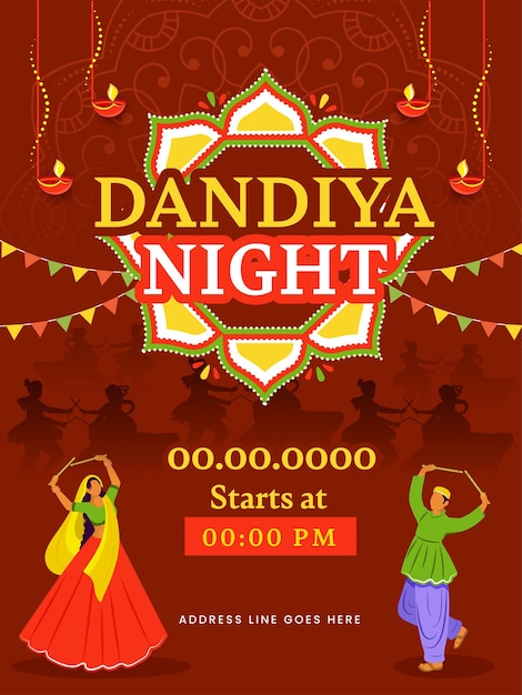 Вектор Пригласительный билет на вечеринку dandiya night party с индийской парой, танцующей на выжженном красном фоне, украшенный зажженными масляными лампами diya и флагами bunting