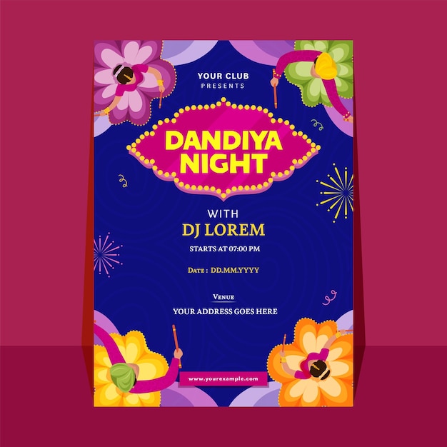 Dandiya Night Party Invitation Card With Top View Of Indian Young Couple Dancing And Event Details