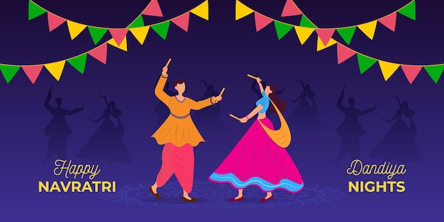 ナヴラトリ祭ドゥルガプージャ背景バナーデザインでダンディヤの夜のダンスカップル