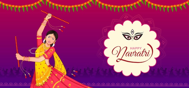 Dandiya paar dansen bij navratri, happy durga puja en dussehra