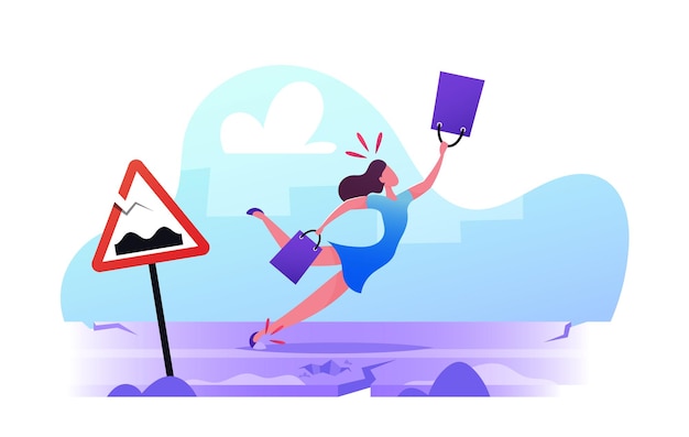 Danger Accident on Bad Road Concept. Female Character Stumble and Falling on Broken Roadside with Cracked Asphalt