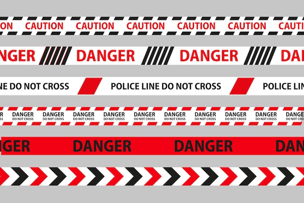 위험, 주의 및 경고 원활한 테이프입니다. 검정< 흰색과 빨간색 경찰 줄무늬 테두리. 범죄 벡터 일러스트 레이 션.