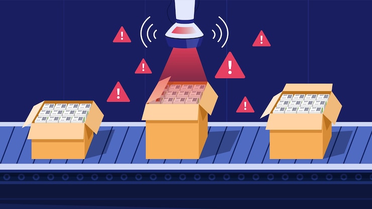 Vector danger on conveyor concept error in bar or qr code scanner wrong item or broken goods quality control in factory or industrial manufactory ai and automation cartoon flat vector illustration