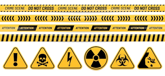 Nastro e segno di pericolo. attenzione, veleno, alta tensione, radiazioni, rischio biologico e segnali di pericolo di caduta.