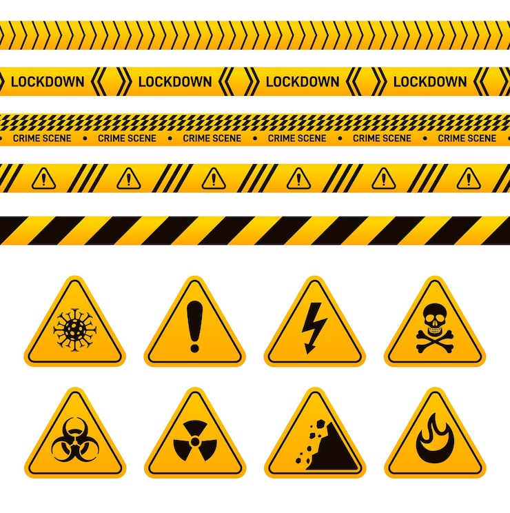 Vector danger ribbon and sign yellow construction ribbons warning toxic dangerous signs security and safety stripes caution tape exact vector set