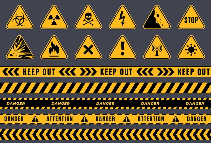 Vector danger signs that warn of possible danger to life and health prohibition strips of fencing yellow triangle warning of danger vector illustration
