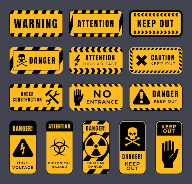 Vector danger signs that warn of possible danger to life and health yellow danger warning rectangle vector