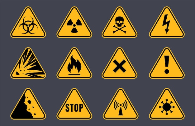 Vector danger signs that warn of possible danger to life and health yellow triangle warning of danger vecto