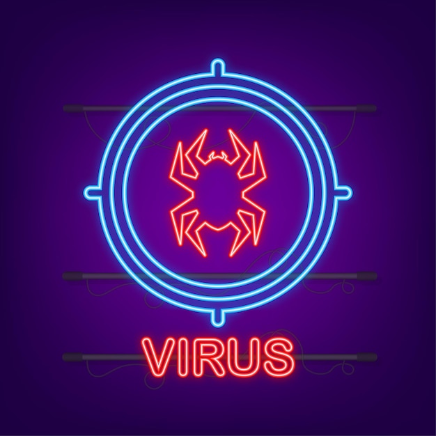 ハザードシンボルのベクトル図です。ウイルス防護。コンピュータウイルスアラート。安全なインターネット技術、安全なデータ。ネオンアイコン。