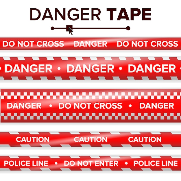 Danger Tape Vector. Red And White. Warning Tape Strips. Realistic Plastic Police Danger Tapes Set