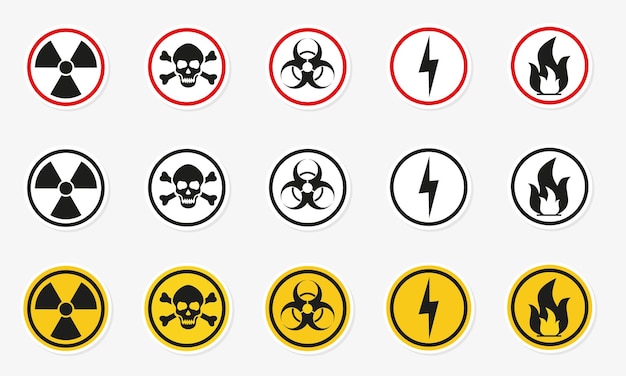 Вектор Предупреждающий круг опасности желтый знак радиационный знак токсичный знак и значок вектора биологической опасности изолированы на белом фоне