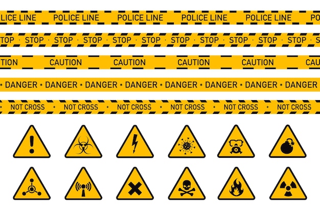 Лента и знак предупреждения об опасности, желтые предупреждающие треугольники и лента.