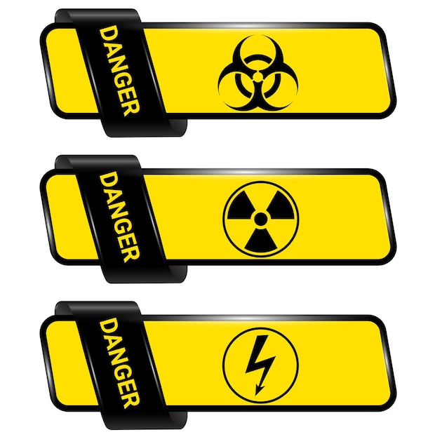 Danger and warning signs set emergency vector buttons banners