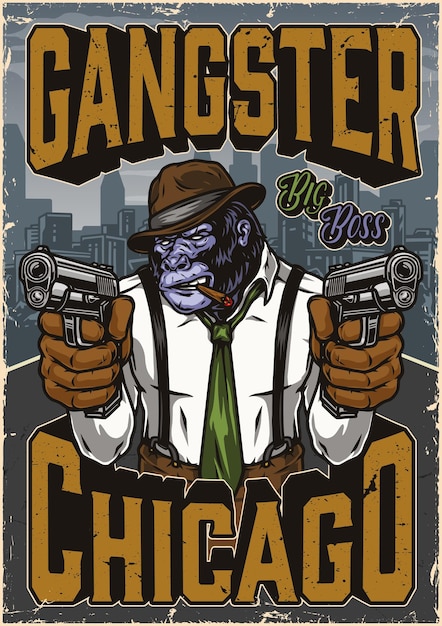 Vector dangerous gorilla boss poster with inscription