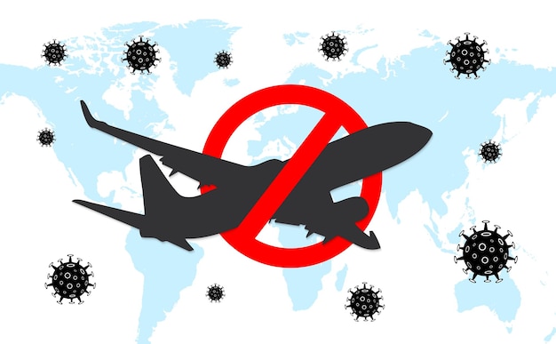 Dangerous novel coronavirus COVID19 Stop airplane flying Pandemic medical health risk Vector illustration