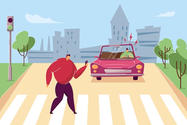 Free Vector  Pedestrian crossing crosswalk on road at green traffic light.  man walking on zebra, holding mobile phone flat vector illustration. safety  on street, accident, compliance with traffic rules concept