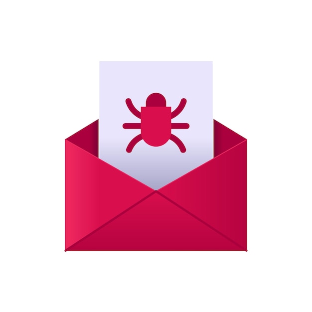 Vector dangerous virus 3d email red envelope with attached file with bug symbol vector illustration