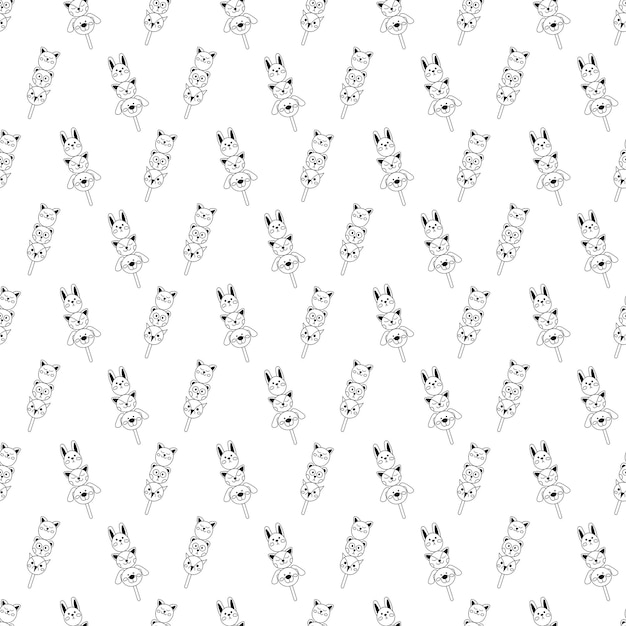 Dango pattern15 Schattig naadloos patroon met Japans snoepje in de vorm van dierengezichten Doodle zwart-wit cartoon illustratie