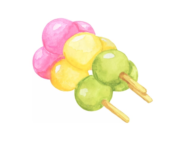 Dango on a stick watercolor illustration Japanese food