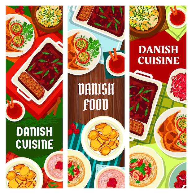 Danish cuisine food banners, Scandinavian dishes and Denmark meals