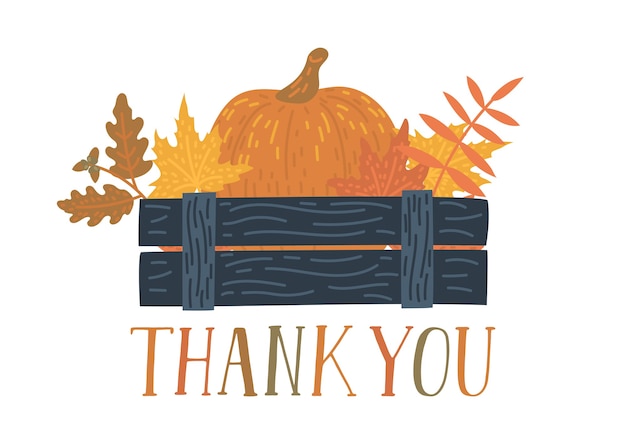 Dank u. oogstdoos met handgeschreven tekst. thanksgiving-kaart. herfst illustratie.