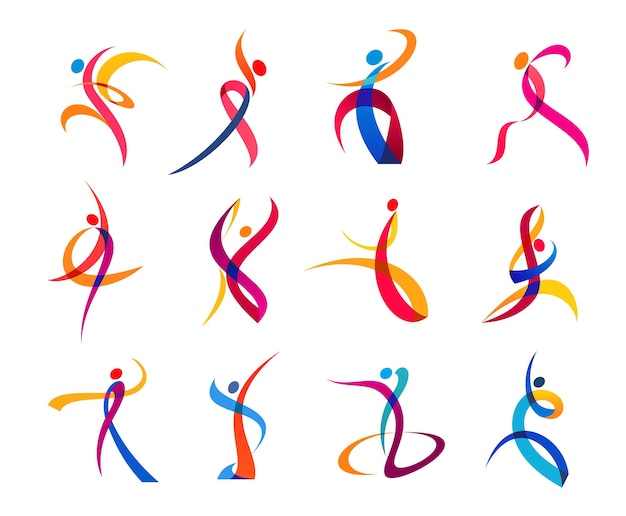 Dans beweging sport en yoga mensen iconen vector lichaam silhouetten in fitness oefening Gym wellness studio en atletische training symbolen van mensen lichaam in kleur kromme lint lijnen in sport dans